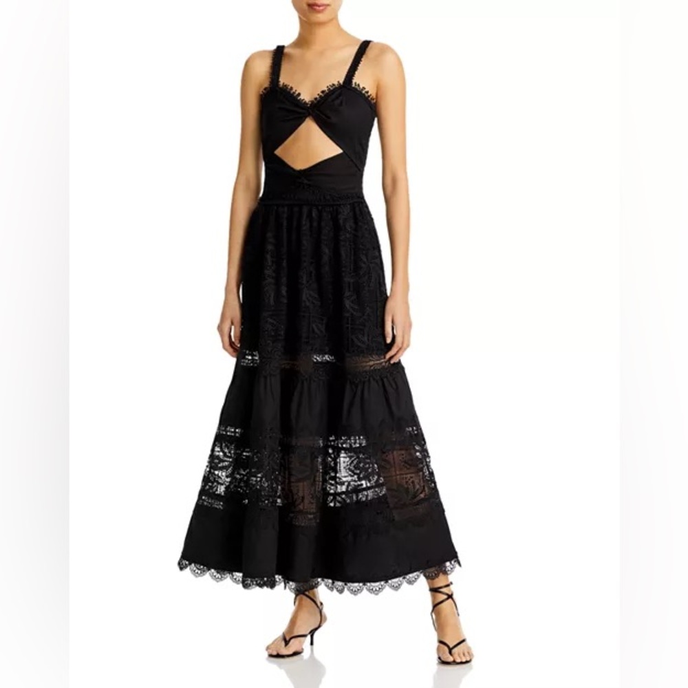 NWT! WAIMARI Emma Cutout Smocked Tiered Guipure Lace & Poplin Midi Dress Sz M